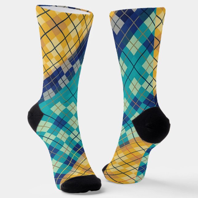 Multicolored Blue & Yellow Argyle Plaid Socks (Angled)