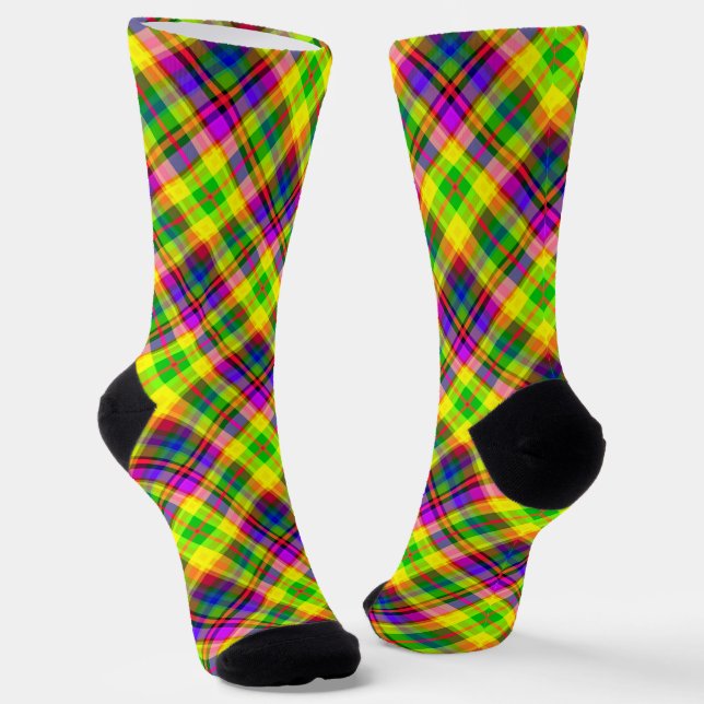 Multicolored bright neon with a chequered pattern socks (Angled)