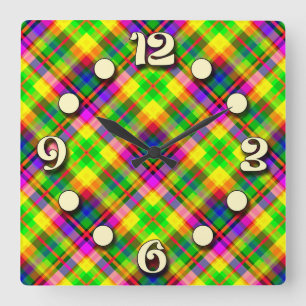 Multicolored bright neon with a chequered pattern square wall clock