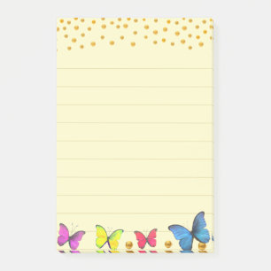 Multicolored Butterflies & Gold Confetti on Lined Post-it Notes