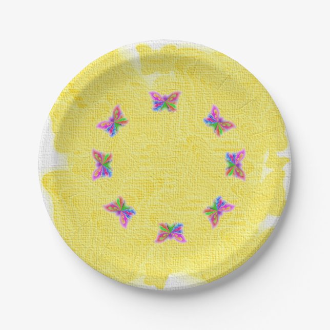 Multicolored Butterfly Design Yellow Paper Plate (Front)