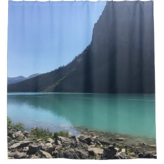 MULTICOLORED CANOES MOORED IN DOCK IN LAKE SHOWER CURTAIN