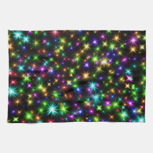 Multicolored Christmas Star Rays Pattern Tea Towel
