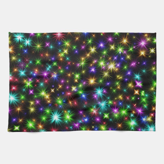 Multicolored Christmas Star Rays Pattern Tea Towel (Horizontal)