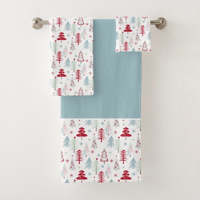Multicolored Christmas trees on a white  Bath Towel Set (Insitu)