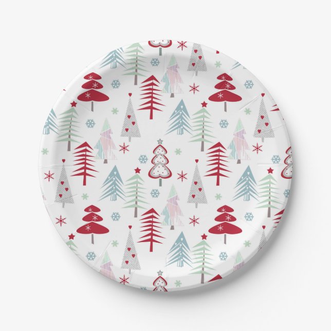 Multicolored Christmas trees on a white Paper Plate (Front)