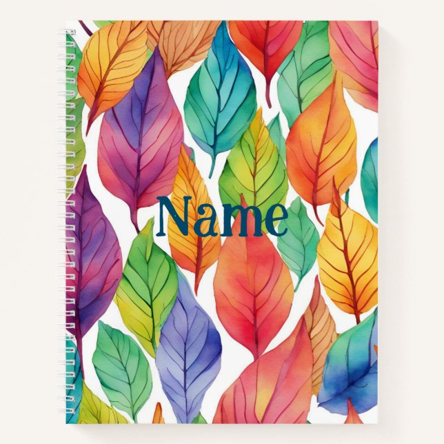 Multicolored Colourful Leaves Nature Pattern Name Notebook (Front)