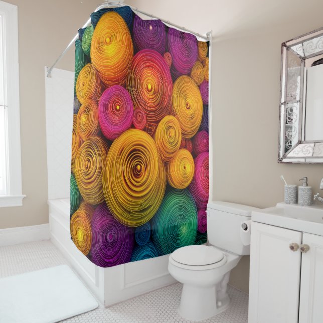 Multicolored concentric circles abstract texture shower curtain (In Situ)