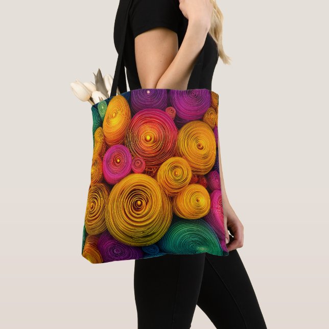Multicolored concentric circles abstract texture tote bag (Close Up)