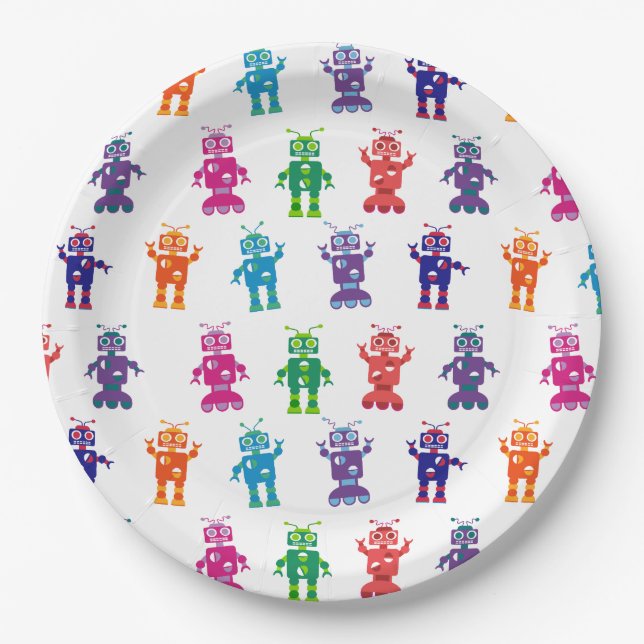 Multicolored Crazy Robot Kids Birthday Party Paper Plate (Front)