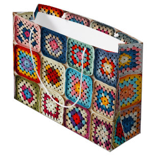 Multicolored Crocheted Granny Square Quilt Large Gift Bag