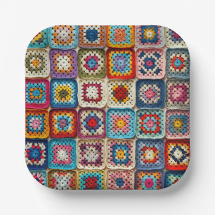 Multicolored Crocheted Granny Square Quilt Paper Plate