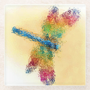 Multicolored Digital Dragonfly Art Glass Coaster