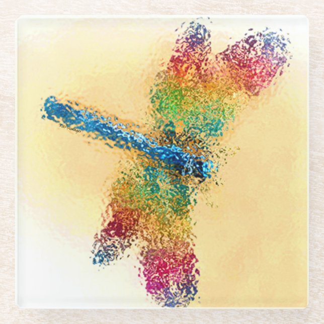 Multicolored Digital Dragonfly Art Glass Coaster (Front)