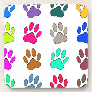 Multicolored Dog Paw Print Pattern Coaster