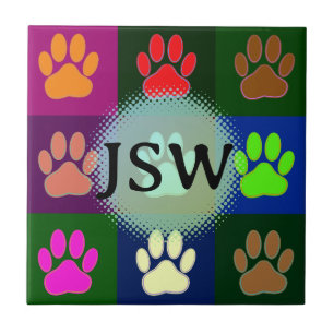 Multicolored Dog Paw Print Pattern Initials Tile