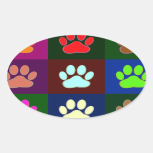 Multicolored Dog Paw Print Pattern Oval Sticker