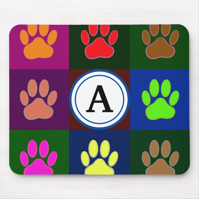 Multicolored Dog Paw Print Pattern With Monogram Mouse Mat (Front)