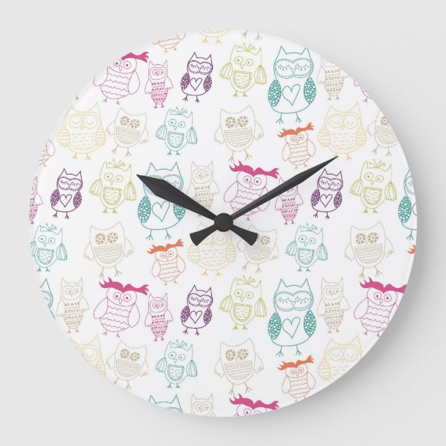 Multicolored Doodle Owls Large Clock (Front)