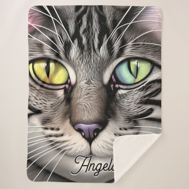 Multicolored Eyes Grey Cat Personalised Name Sherpa Blanket (Front)