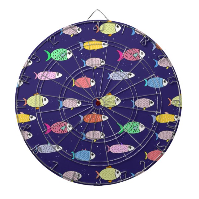 Multicolored Fish on Navy Blue Dartboard (Front)