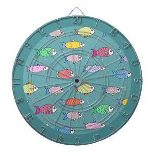 Multicolored Fish on Teal Dartboard