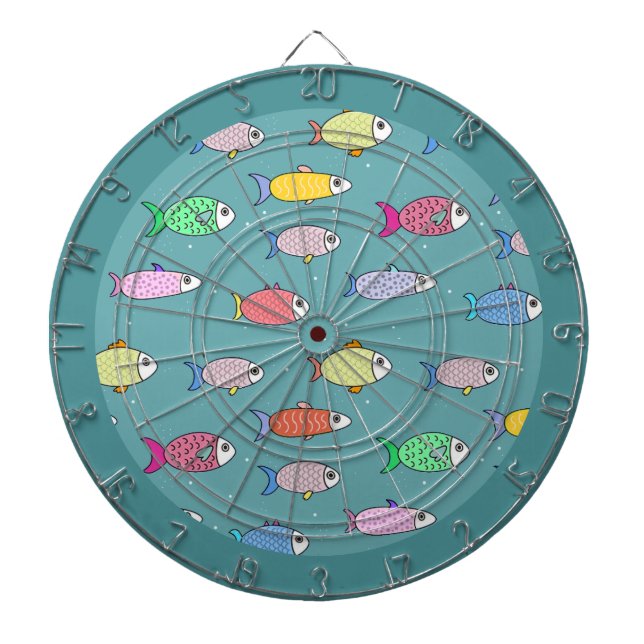 Multicolored Fish on Teal Dartboard (Front)