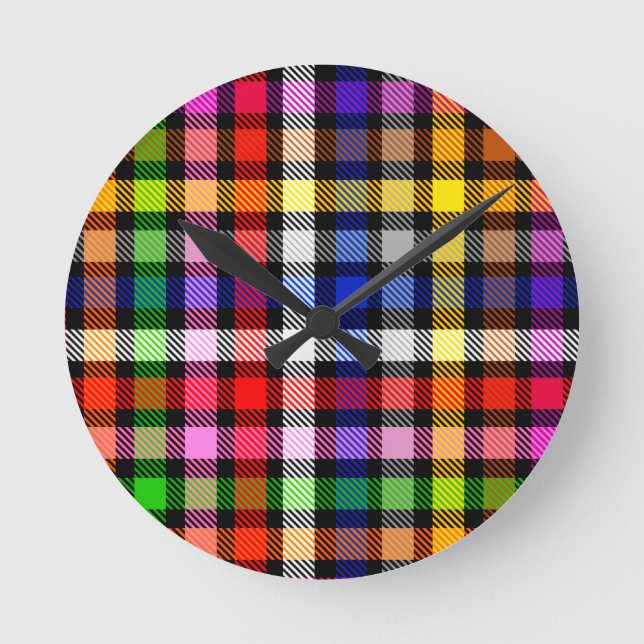 Multicolored Flannel Twill Plaid Tartan On Black  Round Clock (Front)