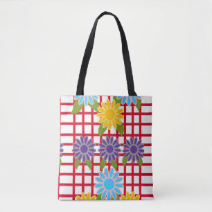 Multicolored Floral Design on Red Grid Tote Bag