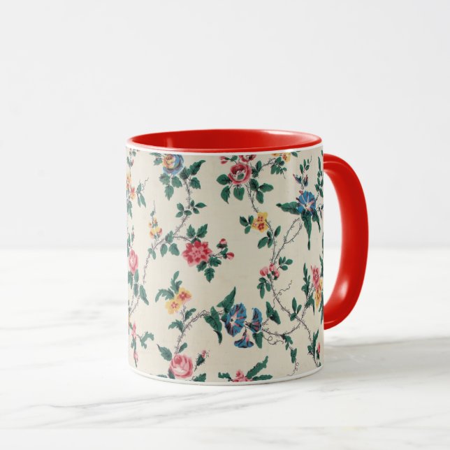 Multicolored flower pattern, red trim, mug (Front Right)