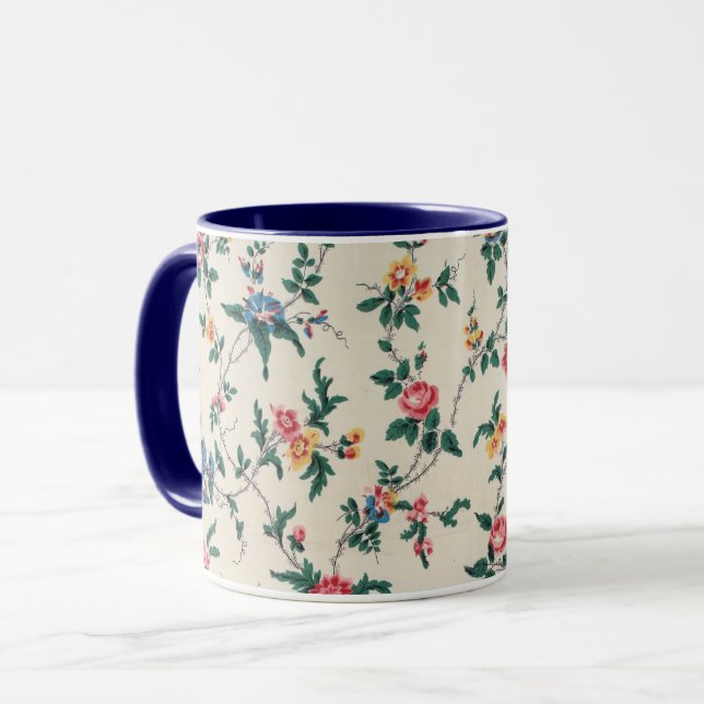 Multicolored flower pattern with navy trim, mug (Front Left)