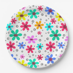 Multicolored flowers daisies retro background summ paper plate
