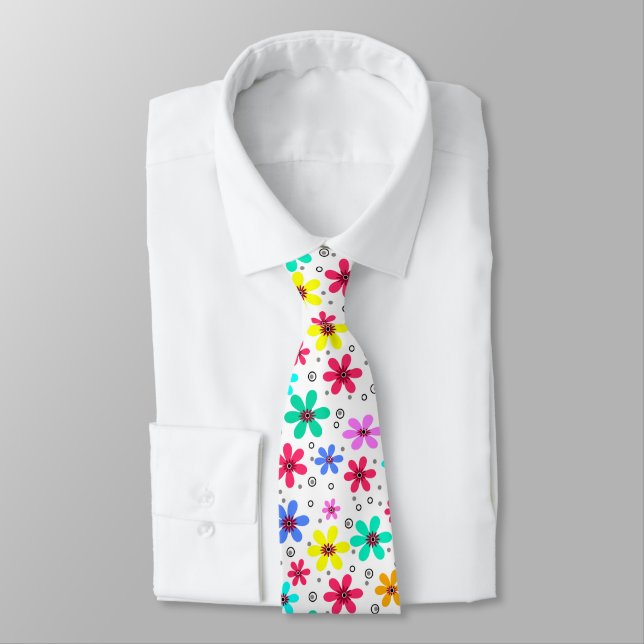 Multicolored flowers daisies retro background summ tie (Tied)