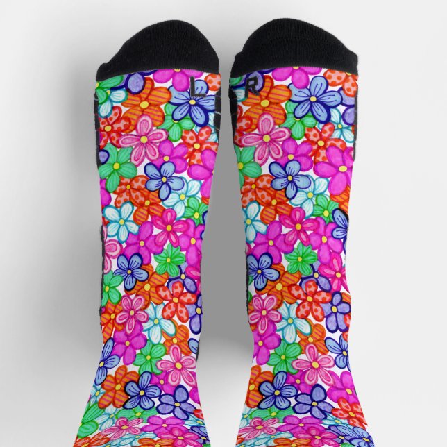 Multicolored Flowers Floral Illustration Pattern Socks (Top)