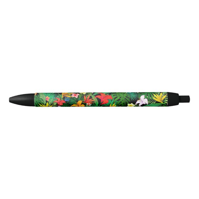 Multicolored Flowers & Palm Leaves on Black Black Ink Pen (Front)