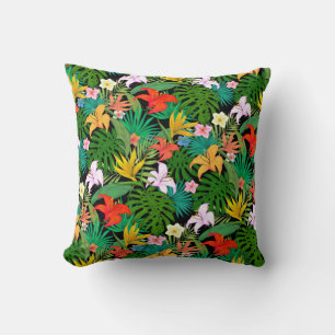 Multicolored Flowers & Palm Leaves on Black Cushion