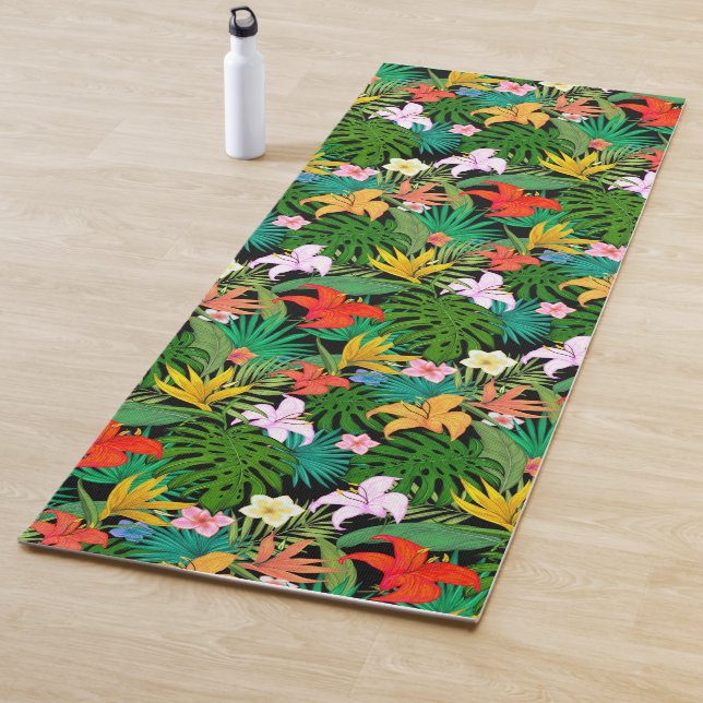 Multicolored Flowers & Palm Leaves on Black Yoga Mat (In Situ)