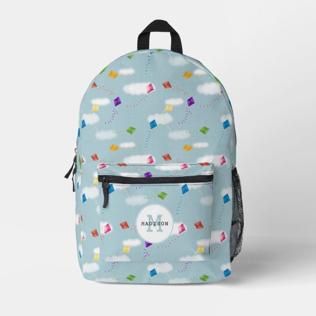 Multicolored Flying Kites Kids Monogram School Printed Backpack (Front)
