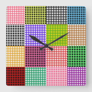 Multicolored Gingham Patchwork Plaid Pattern Square Wall Clock