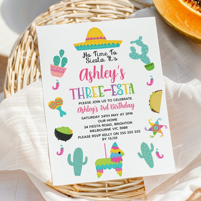 Multicolored Girls Fiesta Three-Esta 3rd Birthday Invitation (Colorful Girl's Three-esta Fiesta 3rd Birthday Invitation, Three-esta Birthday Invite, Fiesta Party)