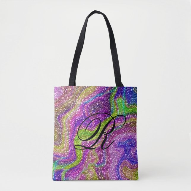 Multicolored Glittery Abstract Design w/ Monogram Tote Bag (Front)