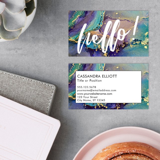 Multicolored & Gold Abstract Liquid Art Hello Business Card (Creator Uploaded)