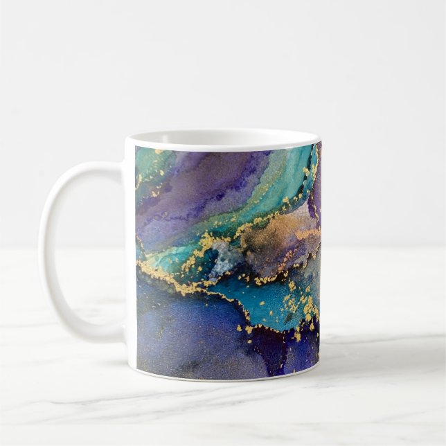 Multicolored Gold Alcohol Ink Liquid Abstract Art Coffee Mug (Left)