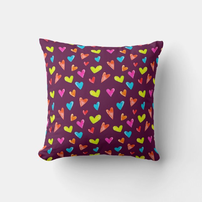 Multicolored Hearts: Watercolor Purple Pattern. Cushion (Front)