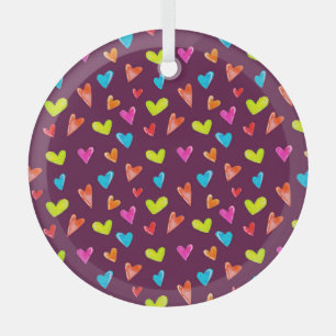 Multicolored Hearts: Watercolor Purple Pattern. Glass Tree Decoration