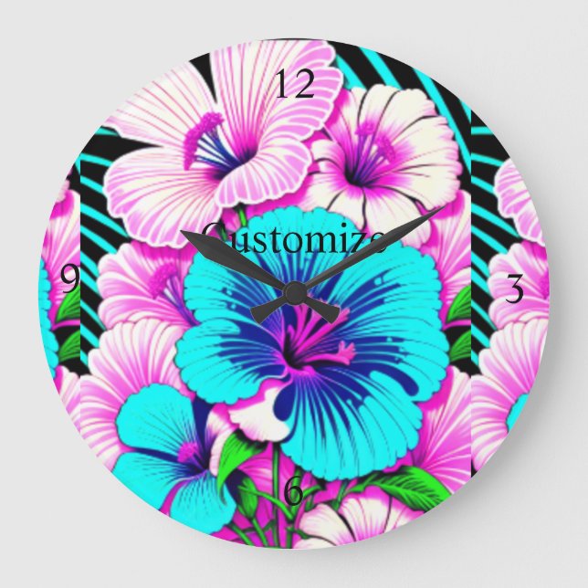 Multicolored Hibiscus Flowers Thunder_Cove Large Clock (Front)