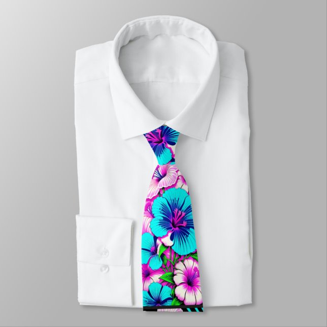 Multicolored Hibiscus Flowers Thunder_Cove Tie (Tied)