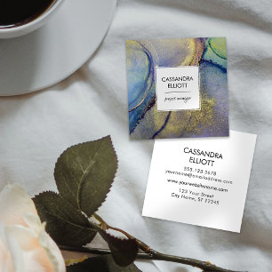 Multicolored Iridescent Gold Abstract Liquid Art Square Business Card
