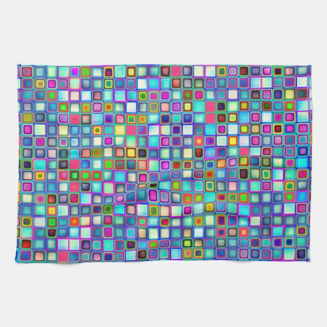 Multicolored 'Kindergarten' Retro Tiles Pattern Tea Towel (Horizontal)