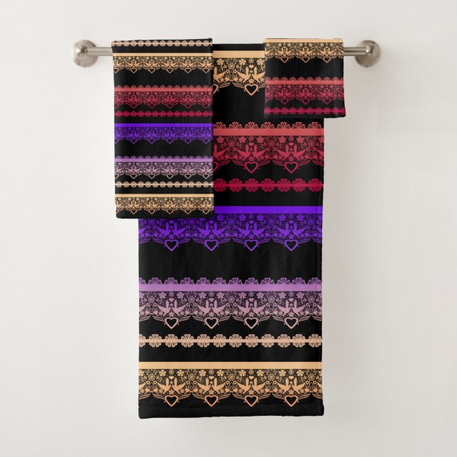 Multicolored lace on black bath towel set (Insitu)